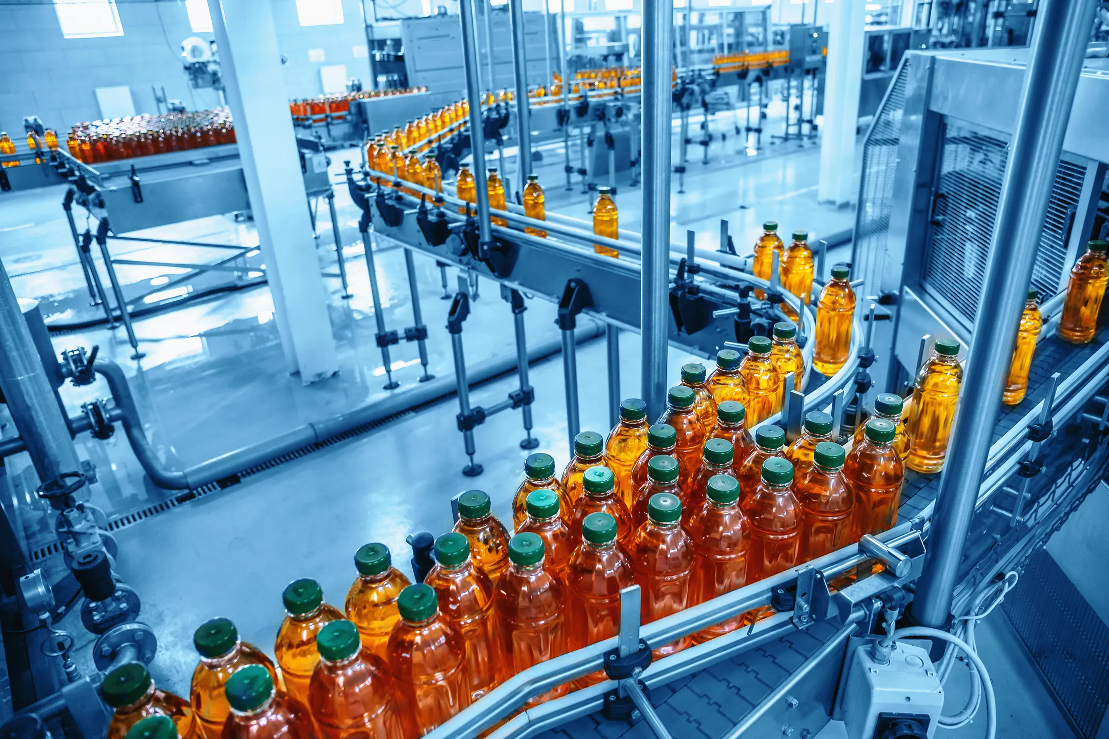 bottles on assembly line