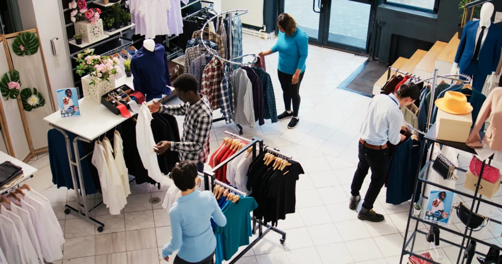 shoppers in clothing store