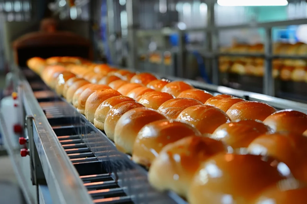 dinner rolls on assembly line